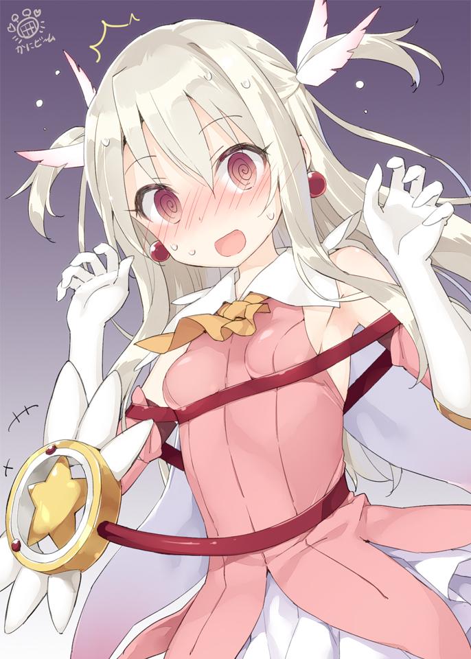 +++ 1girl :d @_@ blush breasts detached_sleeves earrings fate/kaleid_liner_prisma_illya fate_(series) flying_sweatdrops gloves gradient gradient_background grey_hair hair_between_eyes hair_ornament illyasviel_von_einzbern jewelry long_hair looking_at_viewer magical_girl magical_ruby nervous_smile nose_blush open_mouth parody peko prisma_illya purple_background rei_no_himo restrained sidelocks signature small_breasts smile solo sweat two_side_up violet_eyes white_gloves