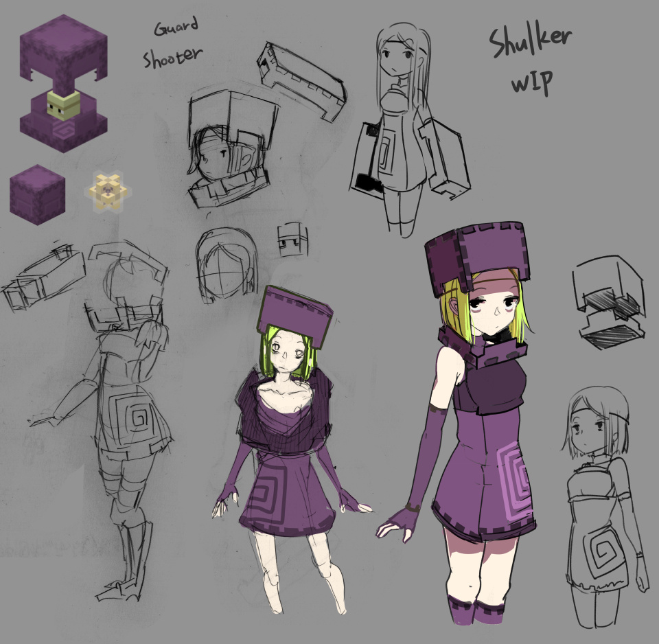 1girl at2. black_eyes blonde_hair concept_art dress elbow_gloves fingerless_gloves gloves hat kneehighs minecraft personification purple_dress purple_legwear short_hair shulker sketch solo tagme work_in_progress