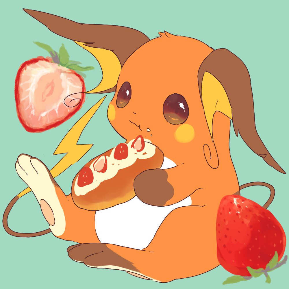 :t blue_background brown_eyes closed_mouth commentary_request eating food food_on_face fruit full_body hideko_(l33l3b) holding holding_food no_humans pokemon pokemon_(creature) raichu simple_background sitting solo strawberry