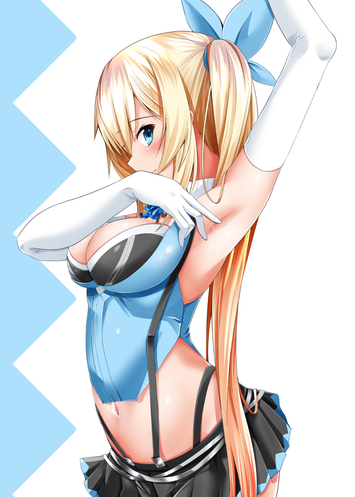 arm_up armpits bare_shoulders blonde_hair blue_eyes blush breasts cleavage elbow_gloves from_side gloves long_hair medium_breasts midriff mirai_akari mirai_akari_project navel pleated_skirt ponytail shirosuzu skirt smile suspenders sweat