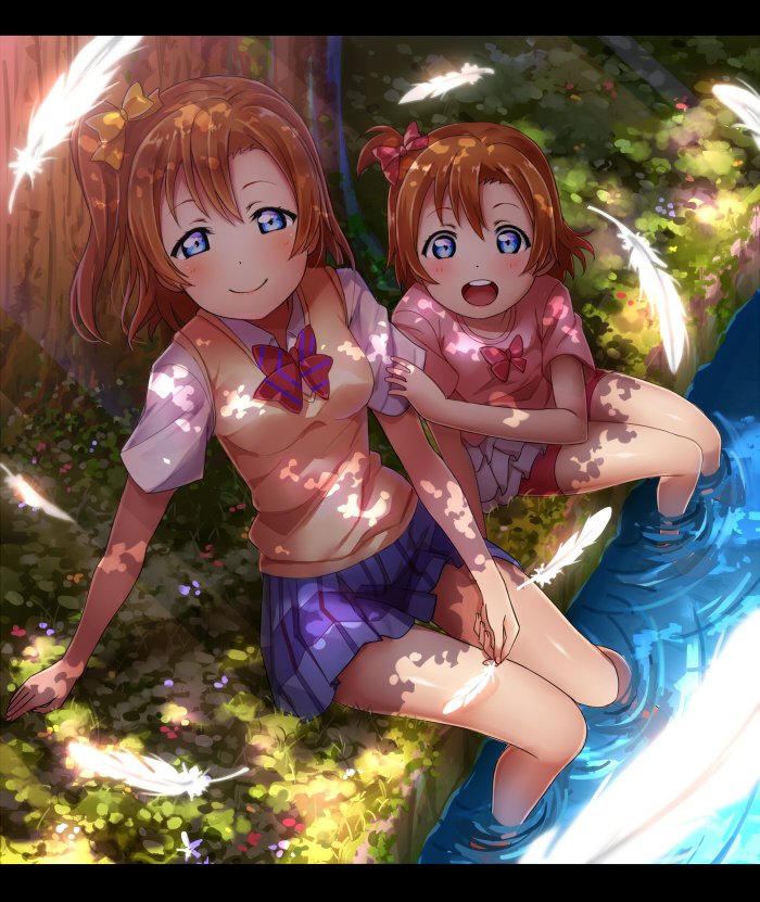 2girls blue_eyes blue_skirt bow brown_hair commentary dappled_sunlight feathers hair_bow hand_on_another's_arm kousaka_honoka letterboxed looking_at_viewer love_live! love_live!_school_idol_project multiple_girls one_side_up open_mouth orange_hair otonokizaka_school_uniform pleated_skirt red_bow sitting skirt smile soaking_feet stream sunlight usamaru67pi yellow_bow younger