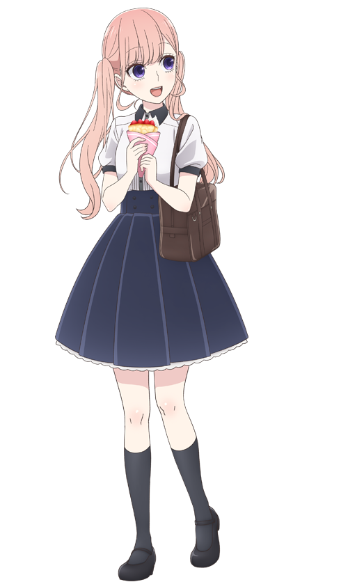 1girl bag black_footwear blue_eyes crepe food full_body kneehighs koi_to_uso mary_janes official_art open_mouth pink_hair sanada_ririna shoes shoulder_bag solo transparent_background twintails