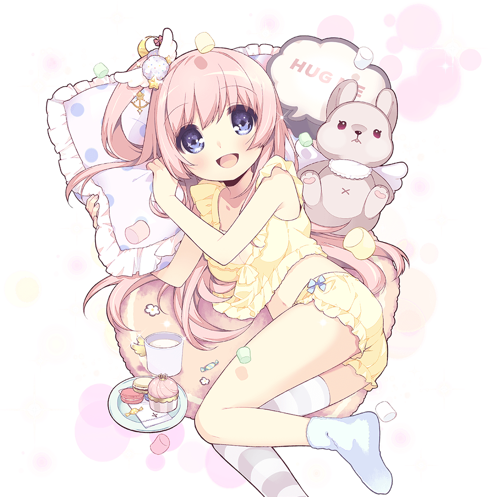 1girl blue_eyes blush breasts candy cleavage cookie cup drink eyebrows_visible_through_hair food hair_ornament long_hair lying macaron marshmallow midriff mismatched_legwear navel official_art on_side one_side_up open_mouth pillow pink_hair single_thighhigh sleepwear solo striped striped_legwear stuffed_animal stuffed_bunny stuffed_toy thigh-highs transparent_background uchi_no_hime-sama_ga_ichiban_kawaii