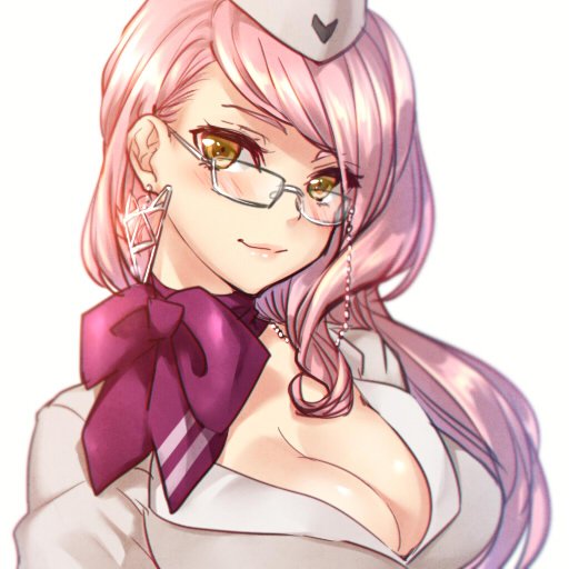 1girl 221galahad blush breasts choker cleavage commentary_request earrings fate/grand_order fate_(series) formal glasses hat jewelry koyanskaya long_hair looking_at_viewer pink_hair ribbon ribbon_choker smile solo suit very_long_hair white_background yellow_eyes
