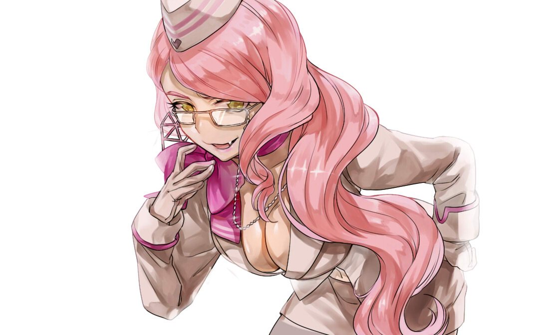 1girl breasts choker cleavage commentary_request earrings fang fang_out fate/grand_order fate_(series) formal glasses gloves hat jewelry koyanskaya long_hair looking_at_viewer pink_hair ribbon ribbon_choker smile solo stardust_(star) suit very_long_hair white_background white_gloves yellow_eyes