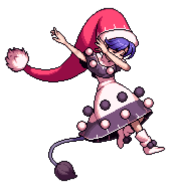 1girl big_hat blue_hair boots closed_eyes dab_(dance) doremy_sweet dress edited hat lowres official_style pom_pom_(clothes) santa_hat solo sprite_art tail tapir_tail touhou