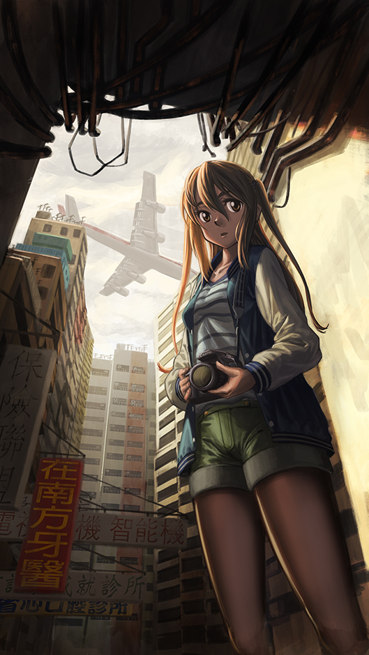 1girl aircraft airplane black_legwear brown_eyes brown_hair building camera clouds cloudy_sky commentary_request day from_below green_shorts hironii_(hirofactory) holding holding_camera jacket long_hair long_sleeves looking_at_viewer open_clothes open_jacket original outdoors pantyhose shirt shorts sign sky solo standing striped striped_shirt twintails