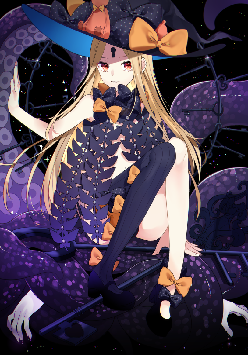 1girl abigail_williams_(fate/grand_order) bangs black_bow black_footwear black_hat black_legwear black_panties blonde_hair bow brown_eyes commentary_request fate/grand_order fate_(series) fingernails hat hat_bow key keyhole long_hair looking_at_viewer mary_janes mipe_(r_kkk12) orange_bow oversized_object panties parted_bangs parted_lips revealing_clothes shoes single_thighhigh sitting smile solo star_(sky) stuffed_animal stuffed_toy suction_cups teddy_bear tentacle thigh-highs topless underwear very_long_hair witch_hat