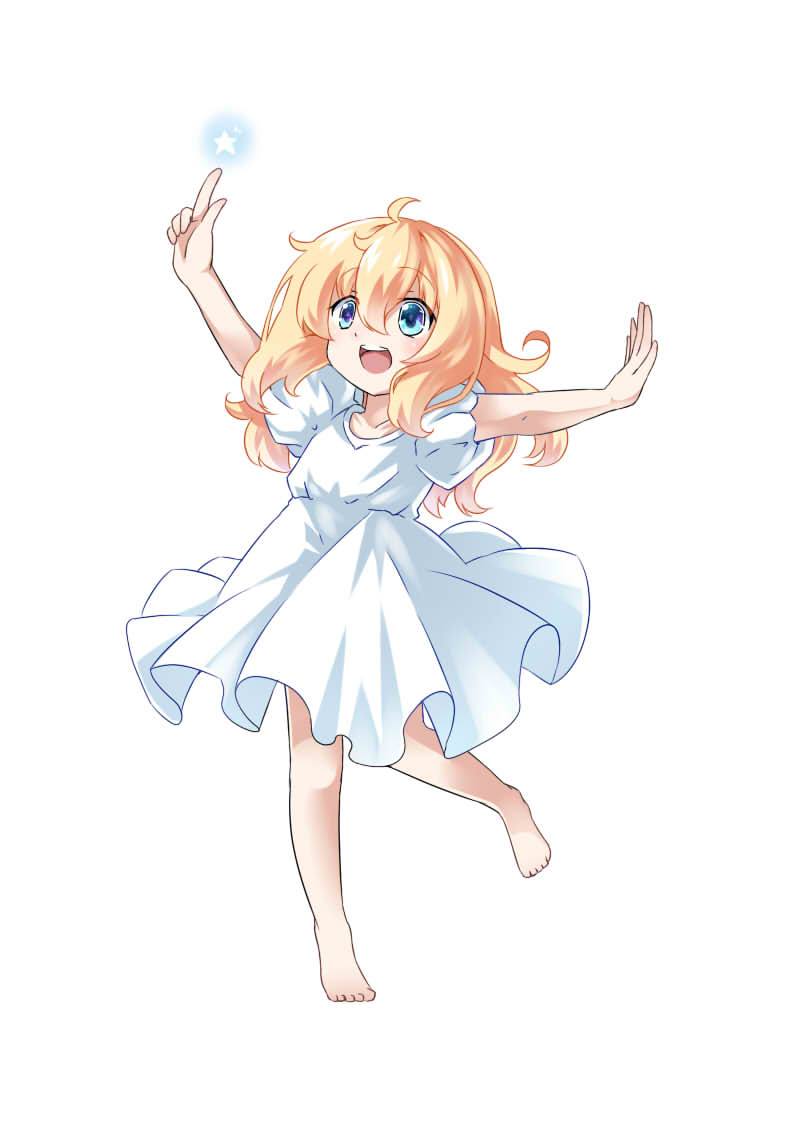 1girl :d arm_up barefoot blonde_hair blue_eyes child dress full_body long_hair open_mouth original pointing puffy_short_sleeves puffy_sleeves shinsekai1205 short_sleeves smile solo standing standing_on_one_leg white_dress