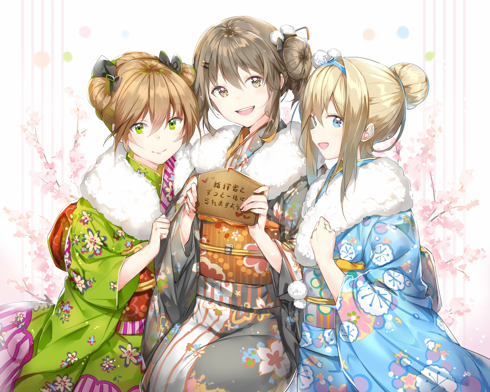 3girls alternate_costume alternate_hairstyle bangs blonde_hair blue_eyes blue_kimono blush bow breasts brown_eyes brown_hair cherry_blossoms closed_mouth double_bun eyebrows_visible_through_hair floral_background floral_print fur-trimmed_kimono fur_trim girls_frontline green_eyes green_kimono grey_kimono hair_between_eyes hair_bow hair_ornament hair_ribbon hairband hairclip holding japanese_clothes k-2_(girls_frontline) kimono long_hair looking_at_viewer medium_breasts multiple_girls obi open_mouth phino rfb_(girls_frontline) ribbon sash sidelocks sitting smile snowflake_hair_ornament suomi_kp31_(girls_frontline) tareme