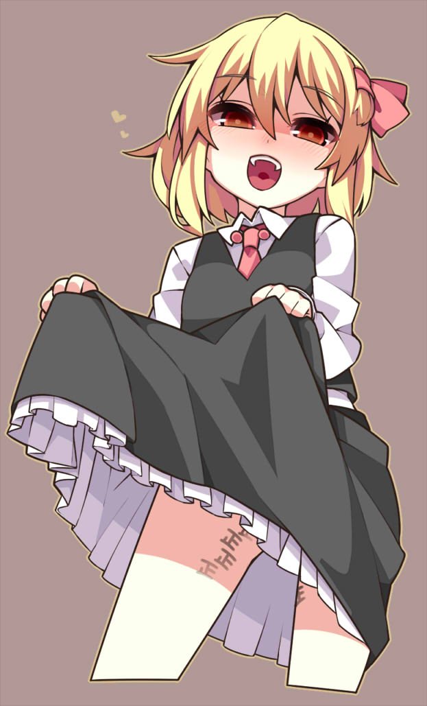 1girl bare_legs black_skirt blonde_hair brown_background cropped_legs fangs hair_ribbon heart lifted_by_self long_sleeves looking_at_viewer miniskirt necking open_mouth red_eyes red_neckwear red_ribbon ribbon rumia shamo_(koumakantv) simple_background skirt skirt_lift skirt_set smile solo tally touhou vest