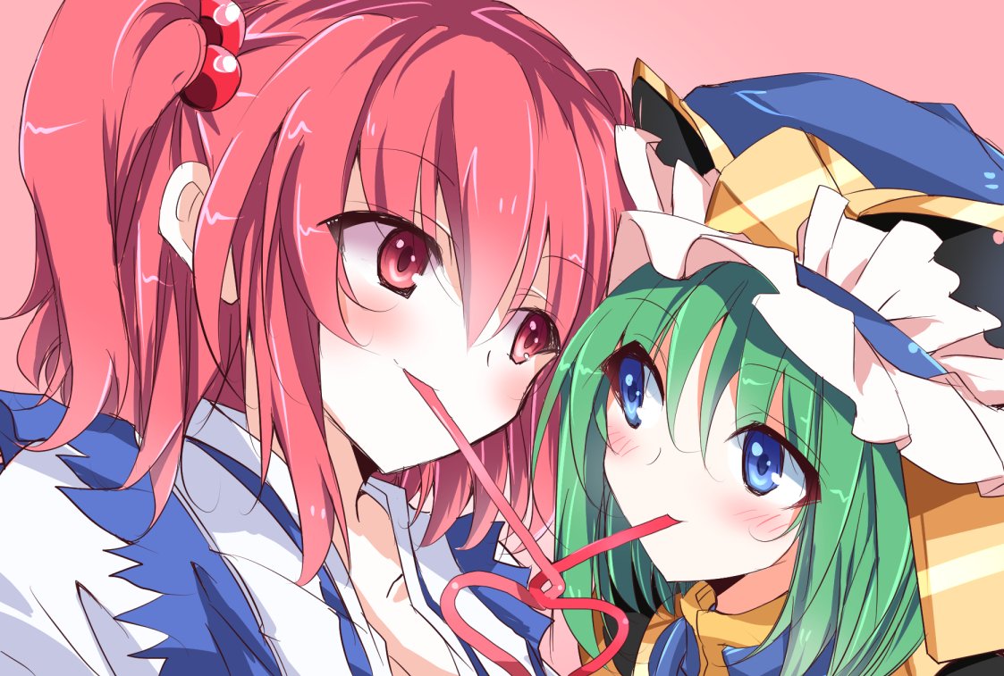 2girls blue_eyes blush couple crown eye_contact green_hair ichimura_kanata looking_at_another multiple_girls onozuka_komachi red_eyes redhead shared_straw shiki_eiki smile touhou two_side_up yuri