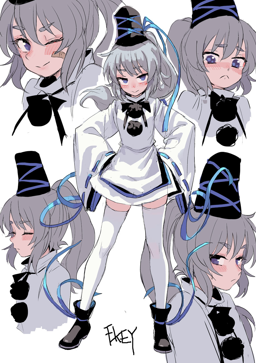 1girl artist_name bandaid bandaid_on_face black_footwear blue_eyes blush boots closed_eyes commentary_request expressions fkey full_body hands_on_hips hat highres long_sleeves looking_at_viewer mononobe_no_futo one_eye_closed pom_pom_(clothes) ponytail shirt silver_hair simple_background skirt smile standing tate_eboshi tears thick_eyebrows thigh-highs touhou white_background white_legwear white_shirt white_skirt wide_sleeves zettai_ryouiki