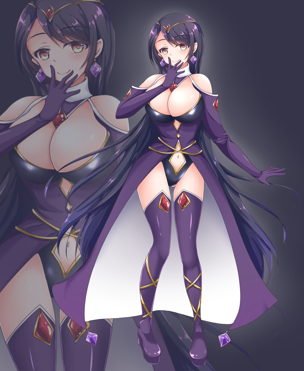 bare_shoulders boots breasts brown_eyes cheese_salami cleavage earrings elbow_gloves full_body gloves grey_background highres jewelry knee_boots large_breasts long_hair looking_at_viewer navel navel_cutout purple_gloves purple_hair purple_legwear smile standing tiara very_long_hair zoom_layer