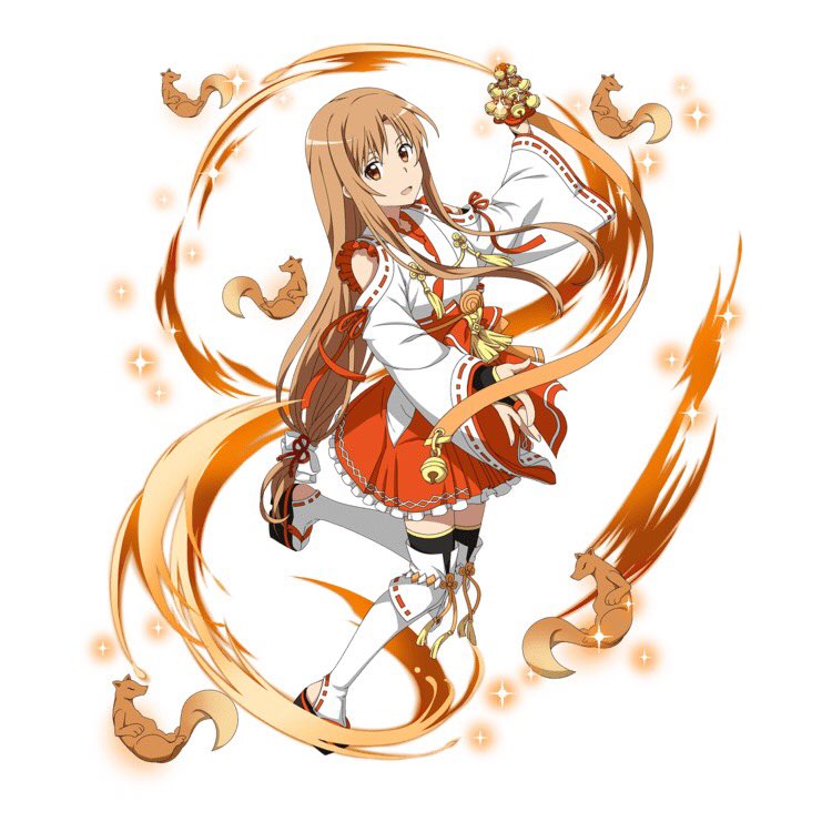 1girl asuna_(sao) black_eyes brown_eyes brown_hair frilled_skirt frills full_body hair_ribbon holding japanese_clothes kimono long_hair looking_at_viewer low-tied_long_hair miniskirt nontraditional_miko one_leg_raised orange_ribbon orange_skirt red_ribbon ribbon ribbon-trimmed_sleeves ribbon_trim simple_background skirt solo sparkle standing standing_on_one_leg sword_art_online thigh-highs very_long_hair white_background white_kimono white_legwear white_ribbon