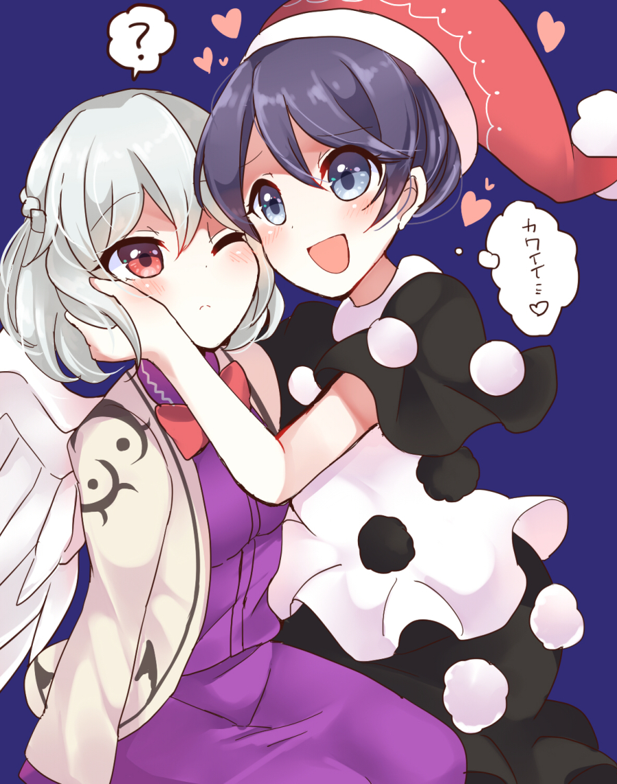 2girls ;( ? blue_background blue_eyes blush braid doremy_sweet dress french_braid frown hand_on_another's_face kishin_sagume multiple_girls one_eye_closed ougi_hina pom_pom_(clothes) purple_hair red_eyes short_hair silver_hair simple_background single_braid thought_bubble touhou