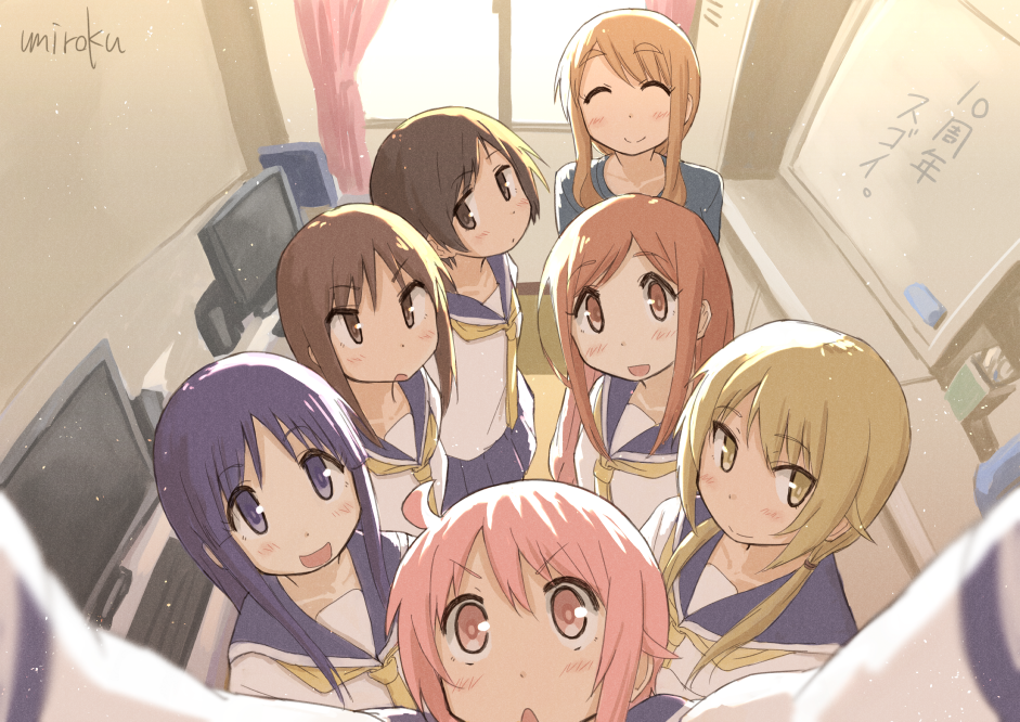 6+girls :d :o aikawa_chiho bangs blonde_hair blue_eyes blue_hair blue_sailor_collar blue_skirt blush brown_eyes brown_hair chalkboard closed_eyes closed_mouth commentary_request computer_keyboard curtains day desk eyebrows_visible_through_hair from_above group_picture hands_up hasegawa_fumi hinata_yukari ichii_yui indoors light_particles long_hair looking_at_viewer low_twintails matsumoto_yoriko monitor multiple_girls neckerchief nonohara_yuzuko okano_kei open_mouth pink_eyes pink_hair pleated_skirt sailor_collar school_uniform self_shot serafuku shirt short_hair signature skirt smile standing twintails umiroku white_shirt window yellow_eyes yellow_neckwear yuyushiki