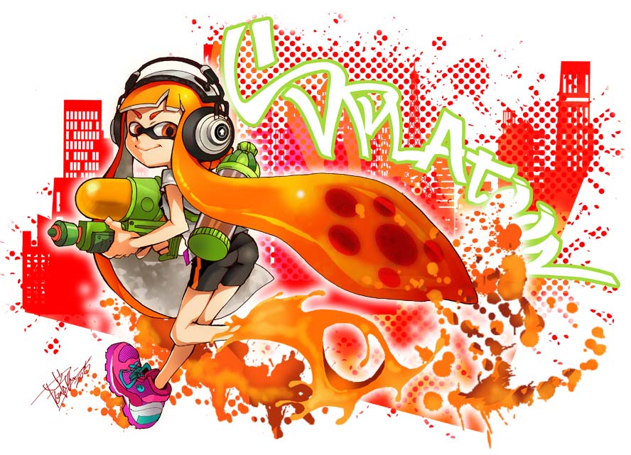 1girl artist_name ass bangs bike_shorts black_shorts blunt_bangs closed_mouth copyright_name cross-laced_footwear domino_mask headphones ink_tank_(splatoon) inkling isamu-ki_(yuuki) long_hair looking_at_viewer looking_back mask orange_eyes orange_hair paint_splatter pointy_ears purple_footwear running shirt shoes shorts signature single_vertical_stripe smile sneakers solo splatoon splatoon_1 splattershot_(splatoon) standing t-shirt tentacle_hair v-shaped_eyebrows white_shirt