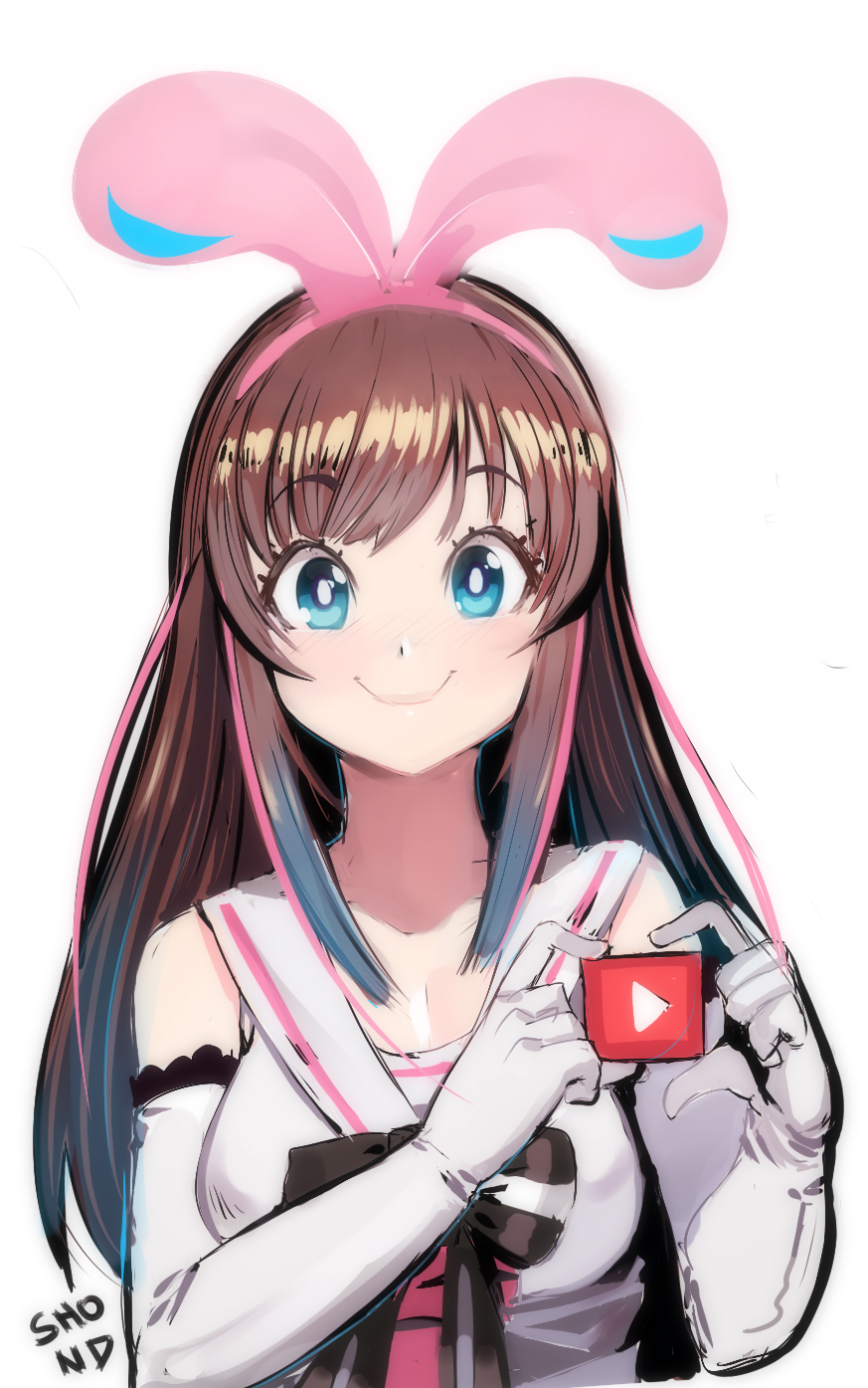 1girl a.i._channel animal_ears blue_eyes blush bow breasts brown_hair elbow_gloves fake_animal_ears gloves hairband heart heart_hands highres kizuna_ai long_hair looking_at_viewer medium_breasts pink_bow rabbit_ears sailor_collar sho-n-d smile solo white_gloves youtube