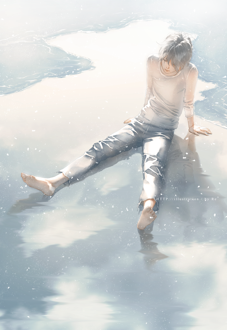 1boy arm_support artist_name bangs barefoot closed_eyes closed_mouth day full_body grey_pants long_sleeves male_focus original pants puddle reflection rido_(ridograph) shirt silver_hair sitting soles solo sunlight toes water weapon white_shirt