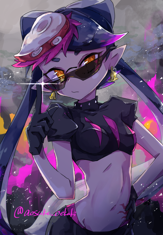 +_+ 1girl adjusting_eyewear aori_(splatoon) bike_shorts black_gloves black_hair black_shorts brown_eyes closed_mouth commentary crop_top earrings food food_on_head gloves highlights jewelry light_frown long_hair looking_at_viewer multicolored_hair navel object_on_head pointing pointing_up pointy_ears short_sleeves shorts solo sparkle splatoon splatoon_2 standing sunglasses sushi twitter_username upper_body yuumi_(111512)