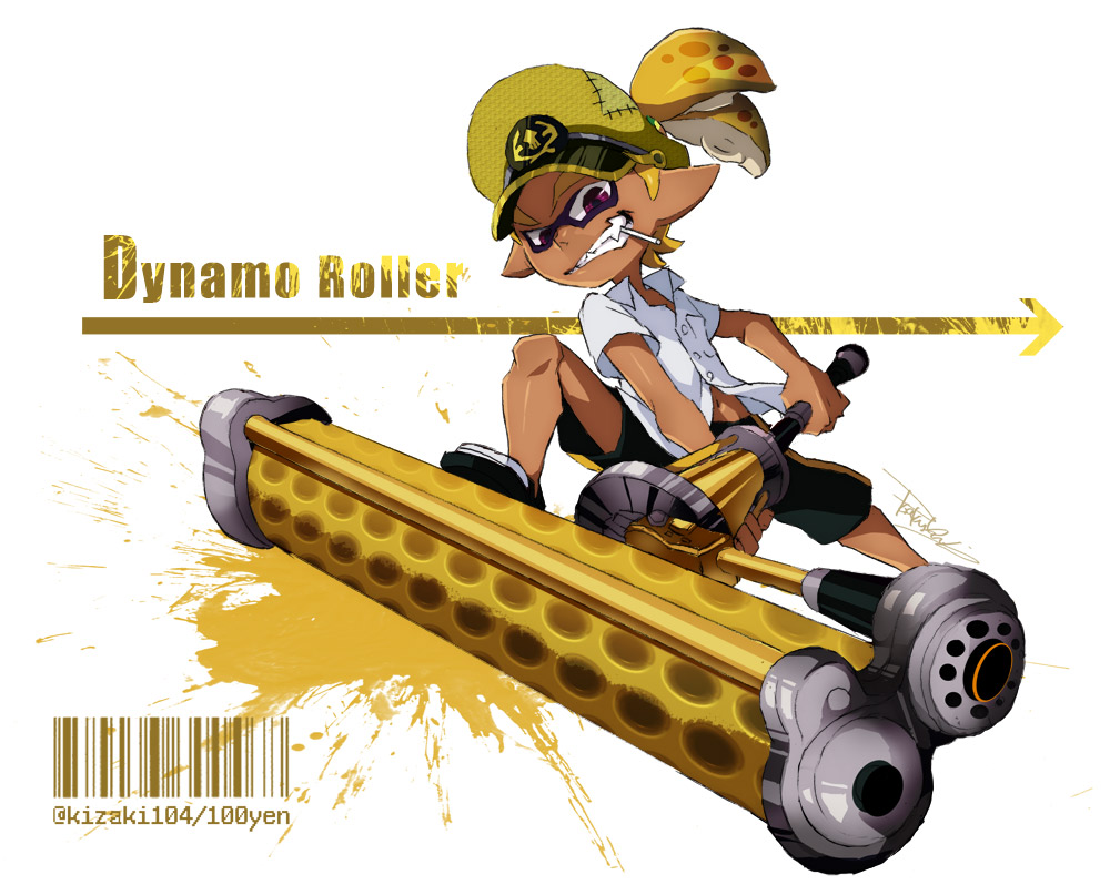 1boy alternate_headwear artist_name barcode black_shorts blonde_hair cigarette dark_skin domino_mask dress_shirt dynamo_roller_(splatoon) grin hat holding holding_weapon inkling isamu-ki_(yuuki) male_focus mask mouth_hold original peaked_cap pointy_ears sandals sharp_teeth shirt short_hair shorts signature single_vertical_stripe smile solo splatoon splatoon_1 standing teeth tentacle_hair topknot twitter_username violet_eyes weapon white_shirt yellow_hat yen_(isamu-ki)