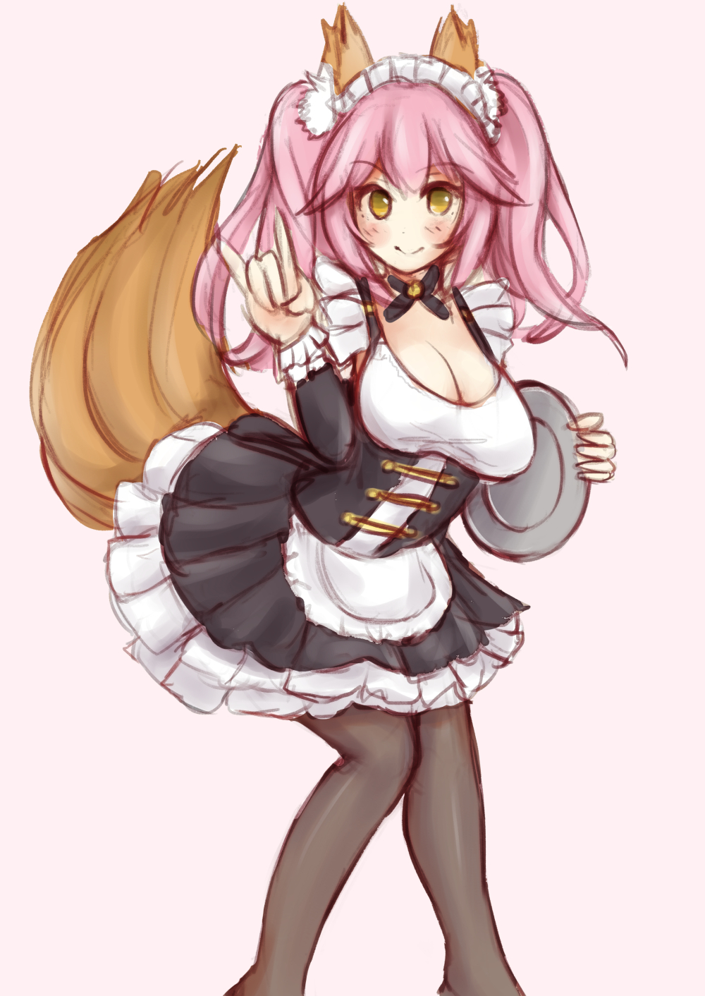 1girl alternate_costume animal_ears apron black_legwear breasts cleavage derivative_work enmaided fate/grand_order fate_(series) fox_ears fox_shadow_puppet fox_tail highres karin260rs large_breasts looking_at_viewer maid maid_apron maid_headdress pink_background pink_hair simple_background solo tail tamamo_(fate)_(all) tamamo_no_mae_(fate) thigh-highs twintails waist_apron yellow_eyes