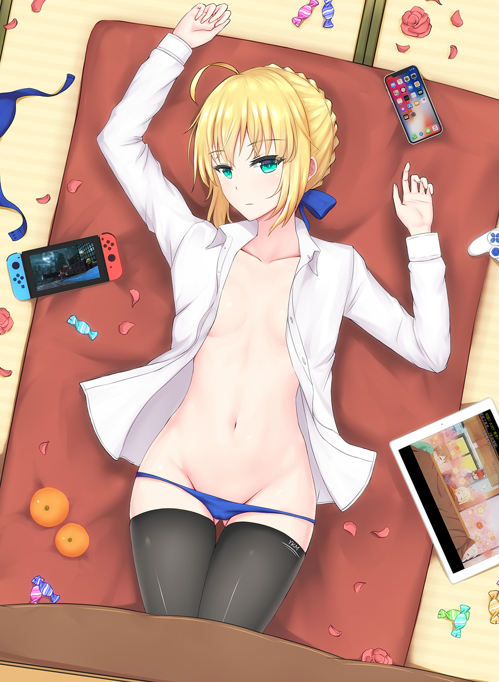 1girl ahoge artoria_pendragon_(all) black_legwear blonde_hair blue_bow blue_bra blue_panties bow bra bra_removed breasts candy cellphone dylannn emiya-san_chi_no_kyou_no_gohan fate/stay_night fate_(series) food fruit green_eyes hair_bow hair_bun highres iphone long_sleeves lying mario super_mario_bros. navel nintendo nintendo_switch no_bra on_back open_clothes open_shirt panties phone playstation saber shirt small_breasts smartphone solo super_mario_odyssey tablet thigh-highs underwear white_shirt