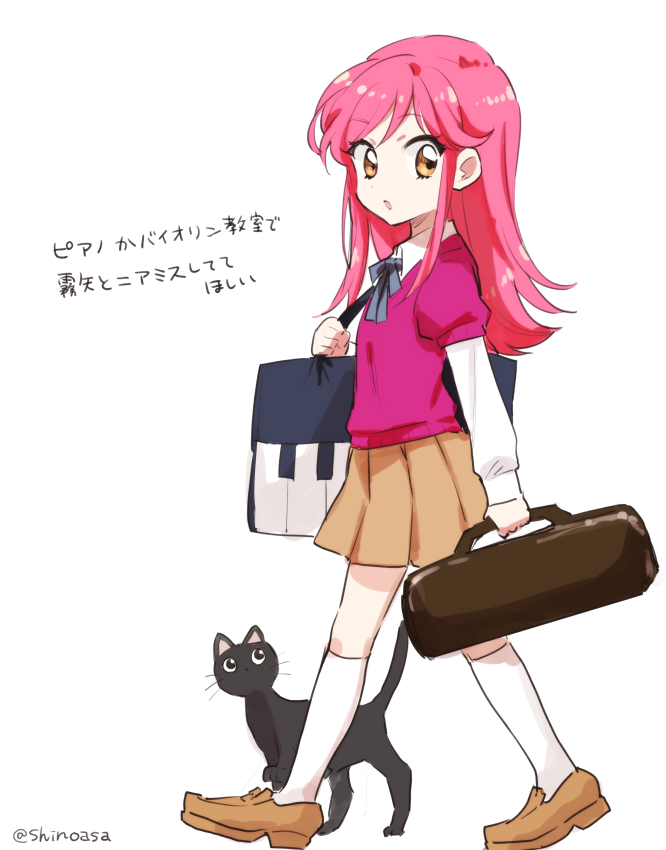 1girl :o aikatsu! bag black_cat brown_eyes cardigan case cat eyebrows_visible_through_hair hair_down instrument_case loafers long_hair long_sleeves looking_at_viewer open_mouth otoshiro_seira pink_hair pleated_skirt shinoasa shoes shoulder_bag simple_background skirt socks solo translation_request twitter_username undershirt walking white_background younger