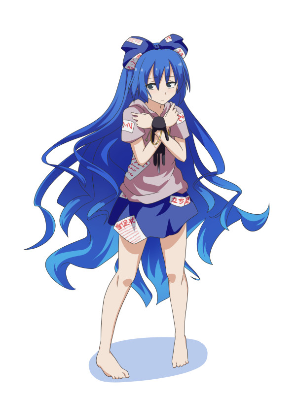 1girl barefoot black_cat blue_bow blue_hair bow cat cato_(monocatienus) debt hair_bow jewelry long_hair skirt solo touhou very_long_hair yorigami_shion