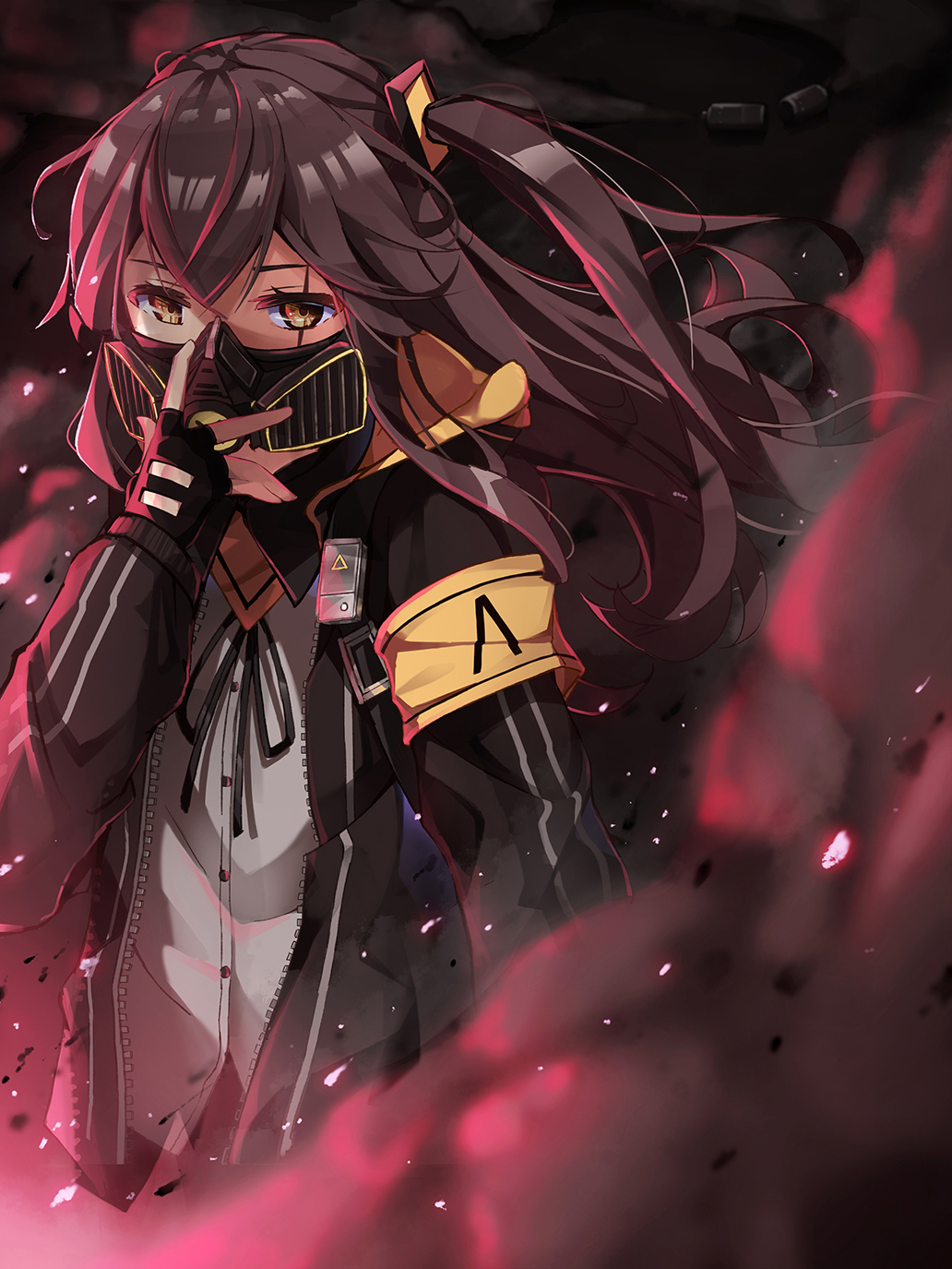 1girl arm_at_side armband bangs belt black_gloves black_ribbon brown_eyes brown_hair buckle buttons explosive fingerless_gloves floating_hair gas_mask girls_frontline gloves grenade gun hair_between_eyes hair_ornament hand_on_mask highres hood hooded_jacket jacket light_particles long_hair looking_at_viewer multiple_girls one_side_up pot-palm ribbon scar scar_across_eye scarf shirt side_ponytail skirt smile smoke smoke_grenade solo strap submachine_gun twintails ump45_(girls_frontline) unzipped weapon white_shirt wind wind_lift