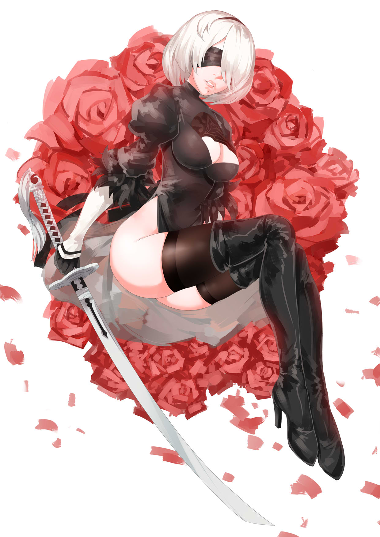 1girl android black_dress black_hairband black_legwear blindfold boots breasts cleavage cleavage_cutout dress feather-trimmed_sleeves flower full_body gloves hairband high_heel_boots high_heels highres holding holding_sword holding_weapon juliet_sleeves large_breasts long_sleeves marie_mushroom mole mole_under_mouth nier_(series) nier_automata parted_lips puffy_sleeves rose short_hair solo sword thigh-highs thigh_boots thighs turtleneck weapon white_hair yorha_no._2_type_b