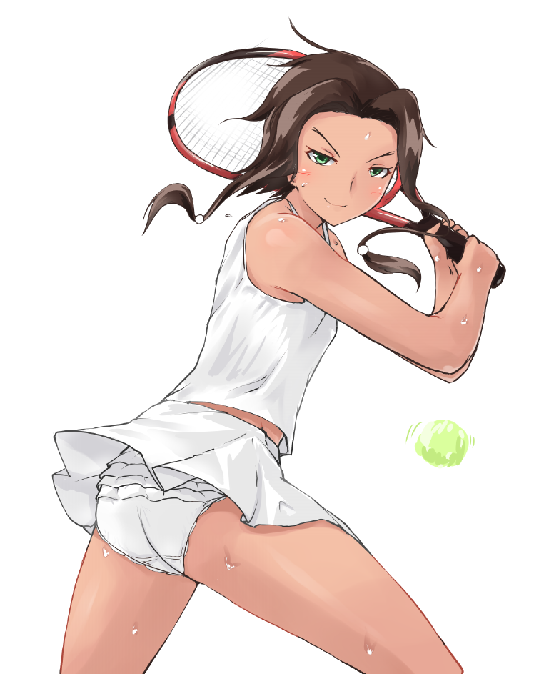 1girl ass ball brown_hair cowboy_shot crotch_seam dark_skin debutya_aki frilled_panties frills from_side green_eyes holding lace lace-trimmed_panties long_hair looking_at_viewer megan_davin miniskirt panties pleated_skirt racket saki shirt simple_background skirt sleeveless sleeveless_shirt smile solo sweat tennis_ball tennis_racket underwear v-shaped_eyebrows white_background white_panties white_shirt white_skirt