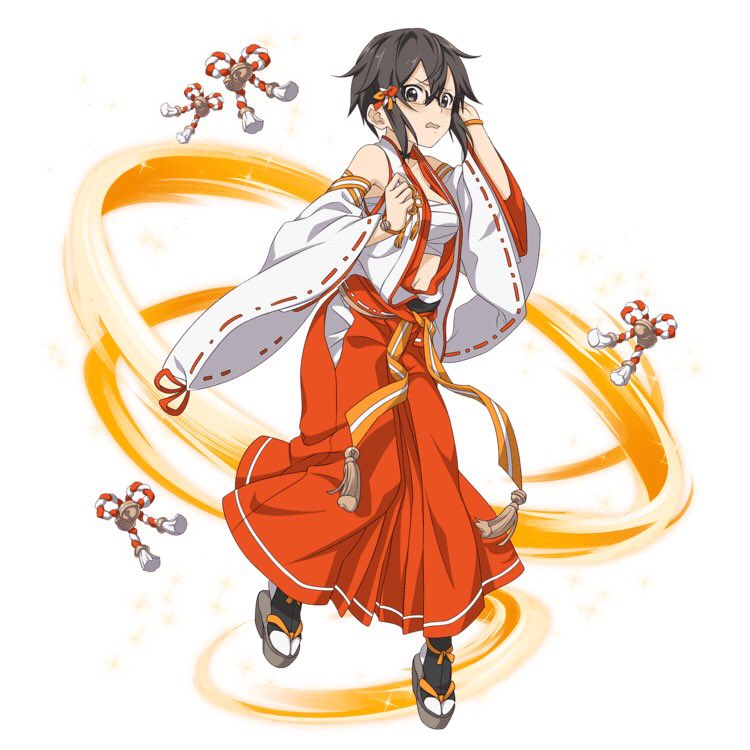 1girl asada_shino black_eyes black_hair bracelet breasts collarbone detached_sleeves full_body glasses hair_ornament hakama hand_in_hair japanese_clothes jewelry looking_at_viewer medium_breasts midriff nontraditional_miko orange_hakama orange_ribbon ribbon ribbon-trimmed_sleeves ribbon_trim sarashi short_hair_with_long_locks sidelocks simple_background solo stomach sword_art_online white_background white_legwear