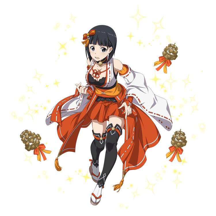 1girl bell black_eyes black_hair black_legwear breasts choker cleavage collarbone detached_sleeves full_body hair_ribbon kirigaya_suguha large_breasts leaning_forward long_hair miniskirt nontraditional_miko open_mouth orange_ribbon orange_skirt ribbon ribbon-trimmed_sleeves ribbon_trim short_hair simple_background skirt solo sword_art_online thigh-highs white_background white_legwear