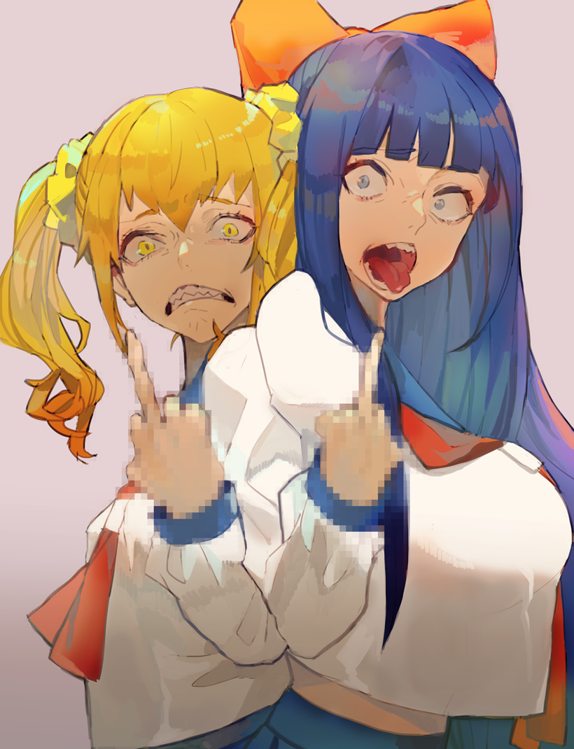 2girls bangs blonde_hair blue_eyes blue_hair blue_skirt blunt_bangs bow breasts censored clenched_teeth eyebrows_visible_through_hair grey_skirt hair_bow kibadori_rue large_breasts long_sleeves looking_at_viewer middle_finger mosaic_censoring multiple_girls neckerchief open_mouth pipimi pleated_skirt poptepipic popuko red_bow red_neckwear sanpaku school_uniform serafuku sharp_teeth shirt skirt teeth tongue tongue_out twintails white_shirt yellow_eyes