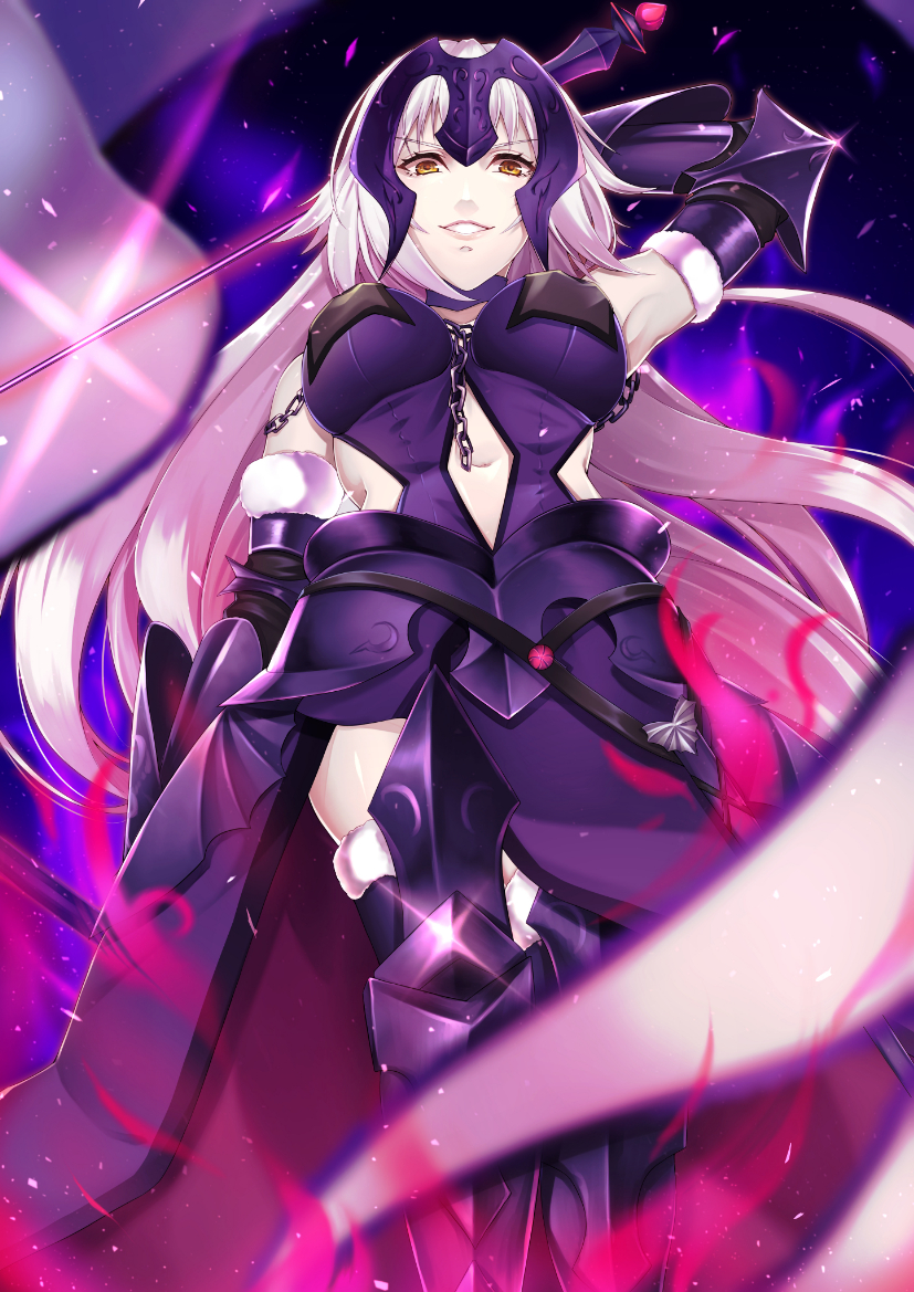1girl arm_warmers armor breasts chains eyebrows_visible_through_hair fate/grand_order fate_(series) forehead_protector gauntlets glint glowing glowing_weapon hand_up headpiece holding holding_sword holding_weapon jeanne_d'arc_(alter)_(fate) jeanne_d'arc_(fate)_(all) large_breasts light_particles long_hair looking_down navel parted_lips purple_armor romuni smile solo standing sword weapon white_hair yellow_eyes