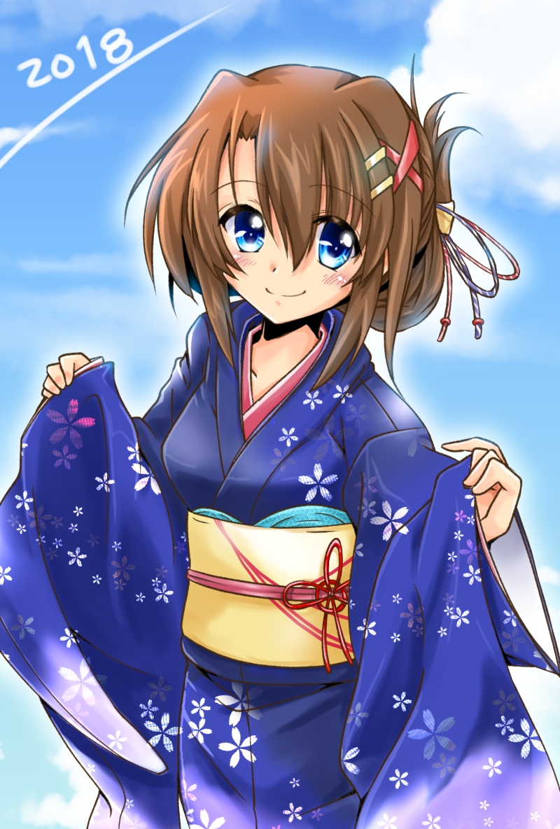 1girl 2018 alternate_hairstyle blue_background blue_eyes blue_kimono brown_hair closed_mouth commentary_request dasuto eyebrows_visible_through_hair hair_ornament hair_up japanese_clothes kimono long_sleeves looking_at_viewer lyrical_nanoha print_kimono short_hair smile solo standing upper_body wide_sleeves x_hair_ornament yagami_hayate