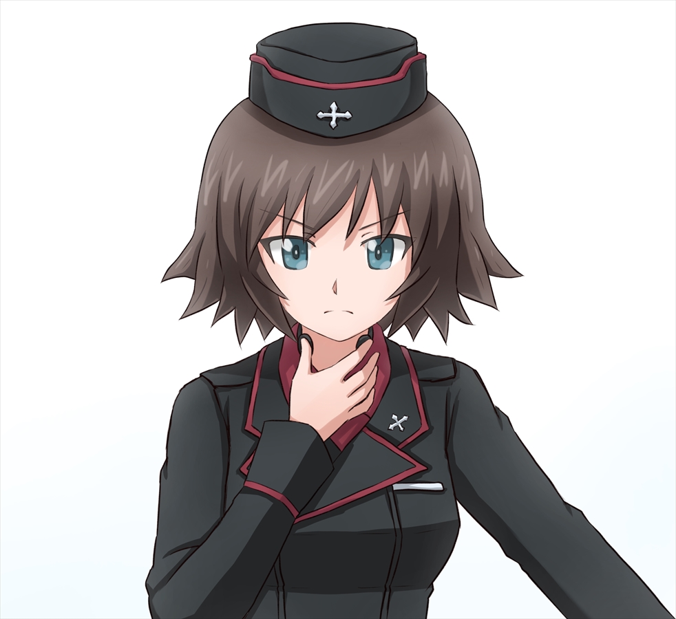 1girl bangs black_hat black_jacket blue_eyes brown_hair closed_mouth commentary_request dress_shirt frown garrison_cap girls_und_panzer hand_on_own_neck hat jacket kuromorimine_military_uniform long_sleeves looking_at_viewer mauko_(girls_und_panzer) military military_hat military_uniform omachi_(slabco) portrait red_shirt shirt short_hair simple_background solo throat_microphone uniform white_background