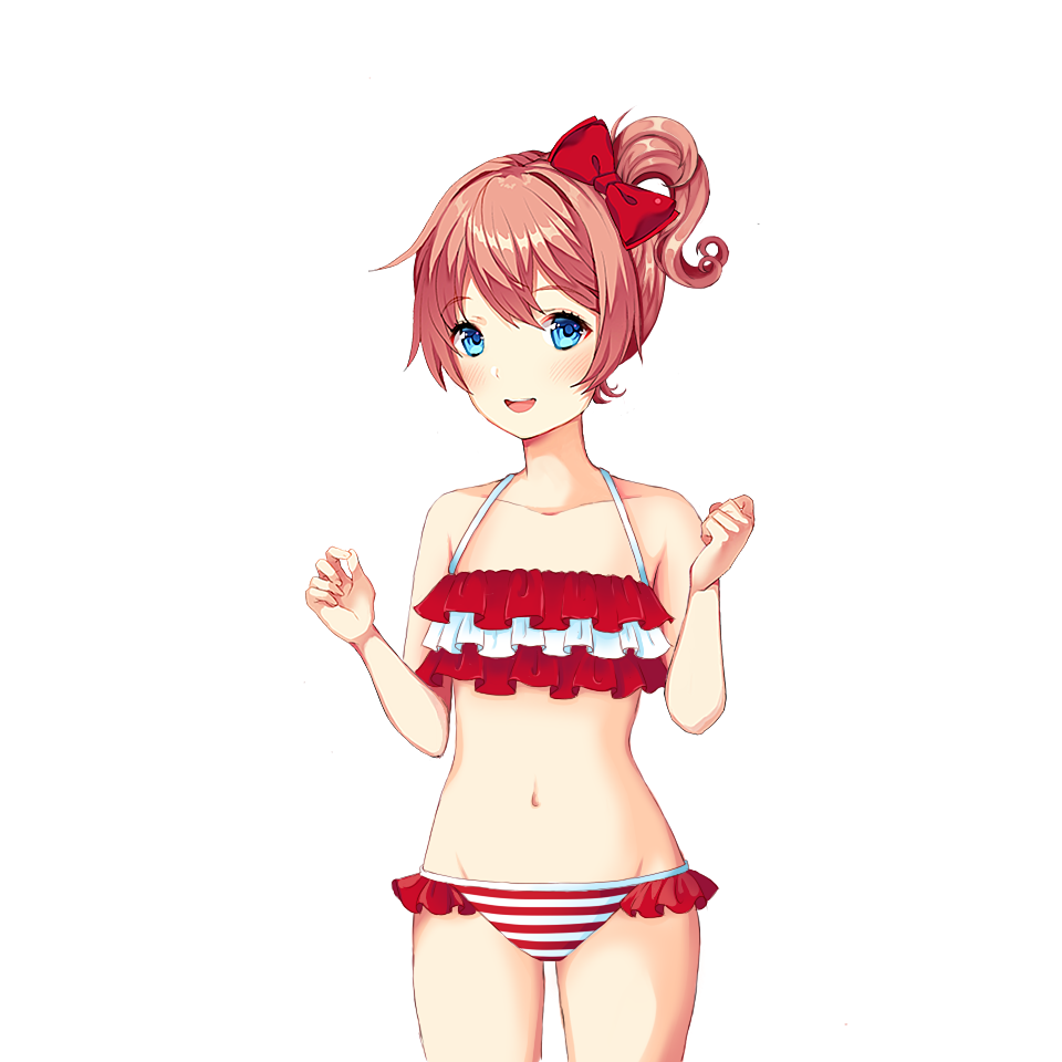 1girl bikini blue_eyes doki_doki_literature_club pink_hair ribbon sayori_(doki_doki_literature_club) solo striped_bikini