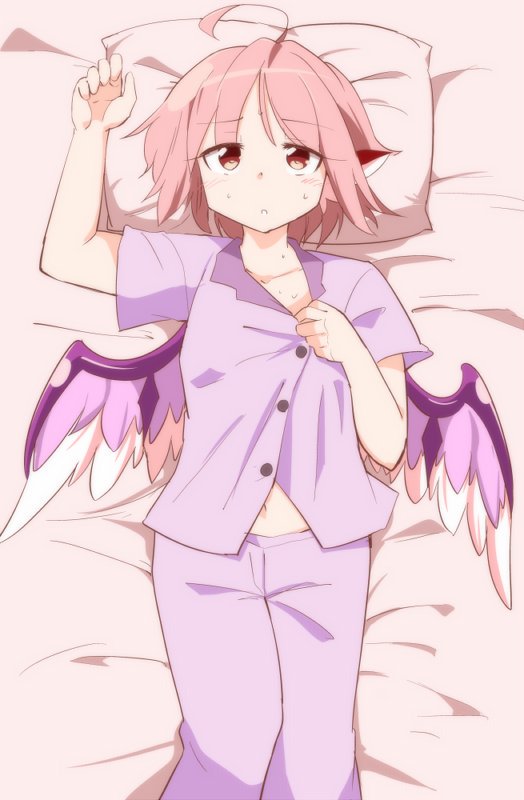 1girl alternate_costume animal_ears bird_wings hand_on_own_chest hot lying moja_(moja4192) mystia_lorelei navel on_back on_bed pajamas pillow pink_eyes pink_hair short_hair short_sleeves sweat touhou wings