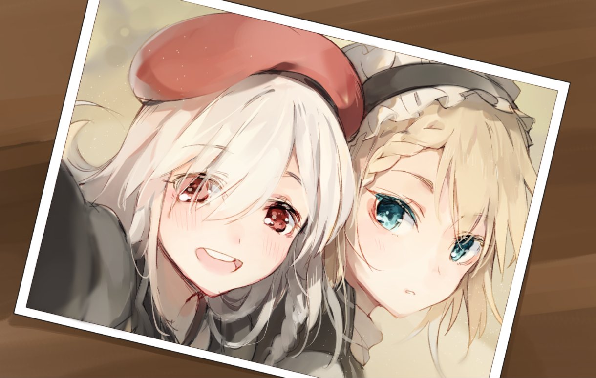 2girls bangs beret blonde_hair blue_eyes blush braid eyebrows_visible_through_hair eyes_visible_through_hair floating_hair g36_(girls_frontline) g36c_(girls_frontline) girls_frontline grey_hair hair_over_one_eye hat jacket light_particles long_hair looking_at_viewer maid maid_headdress military military_uniform multiple_girls open_mouth parted_lips photo_(object) red_eyes shirt shuzi side_braid silver_hair smile tareme tsurime uniform white_shirt