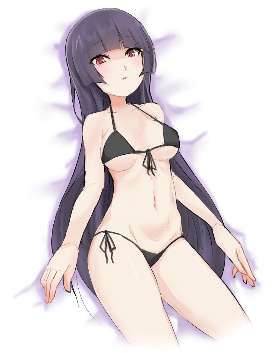 1girl bangs bikini black_bikini black_hair blunt_bangs breasts brown_eyes commentary_request cowboy_shot eyebrows_visible_through_hair front-tie_top hime_cut long_hair lowleg lowleg_bikini lying medium_breasts natsume_(pokemon) navel nyonn24 pokemon pokemon_(game) pokemon_rgby side-tie_bikini sidelocks solo swimsuit