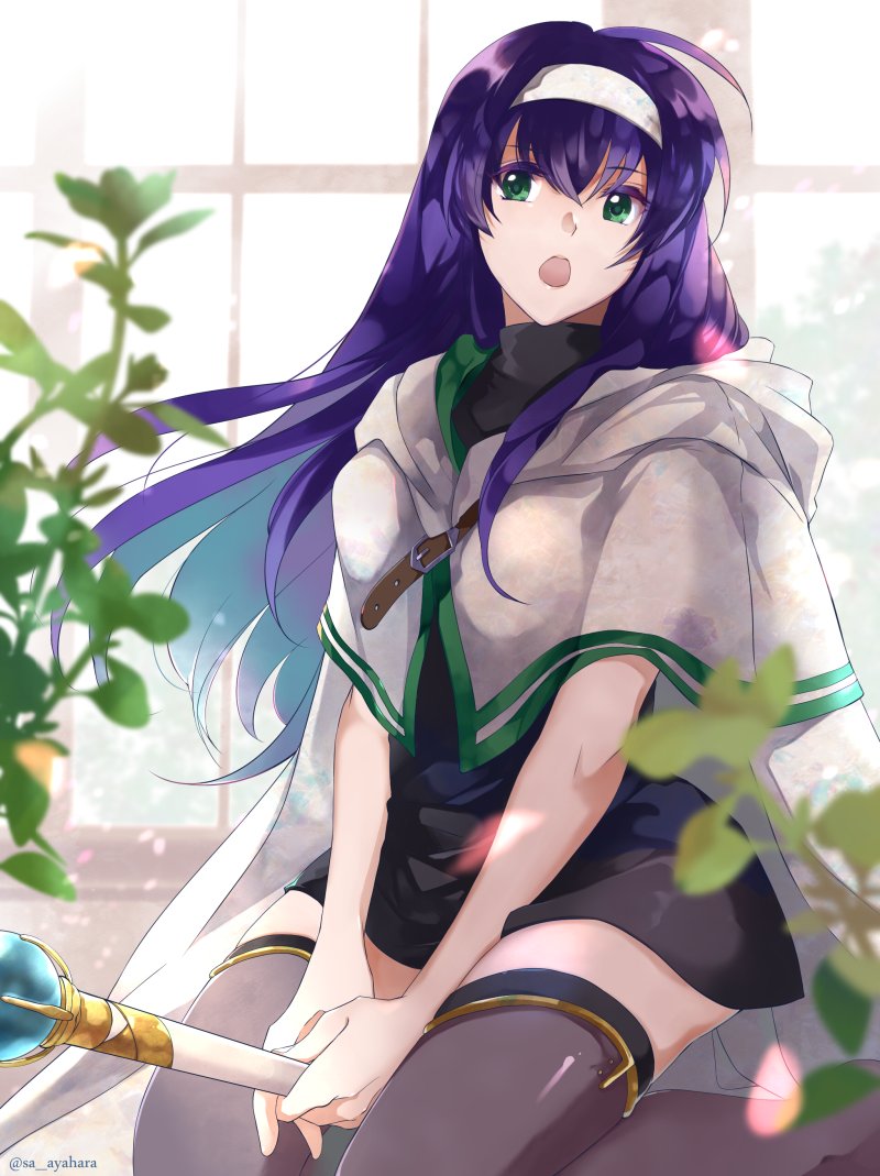 1girl blue_hair cyaca_ab fire_emblem fire_emblem:_akatsuki_no_megami fire_emblem:_souen_no_kiseki green_eyes long_hair looking_at_viewer solo staff thigh-highs wayu_(fire_emblem)