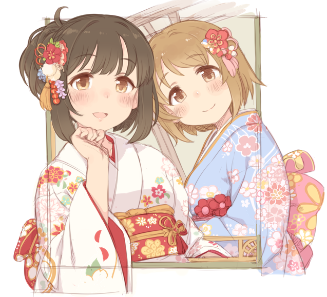 2girls 7010 black_hair blue_kimono blush brown_eyes brown_hair closed_mouth commentary flower hair_flower hair_ornament idolmaster idolmaster_cinderella_girls japanese_clothes kimono looking_at_viewer mimura_kanako multiple_girls open_mouth short_hair smile takafuji_kako white_kimono yellow_eyes