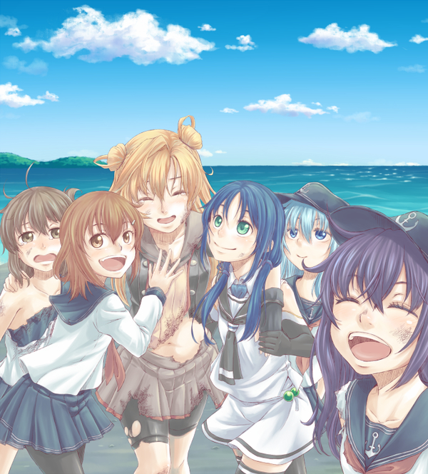 6+girls abukuma_(kantai_collection) akatsuki_(kantai_collection) anchor_symbol blue_hair brown_hair burnt_clothes flat_cap folded_ponytail hair_ornament hairclip hat hibiki_(kantai_collection) ikazuchi_(kantai_collection) inazuma_(kantai_collection) kantai_collection multiple_girls neckerchief pleated_skirt school_uniform serafuku seven_star short_hair skirt support suzukaze_(kantai_collection) torn_clothes