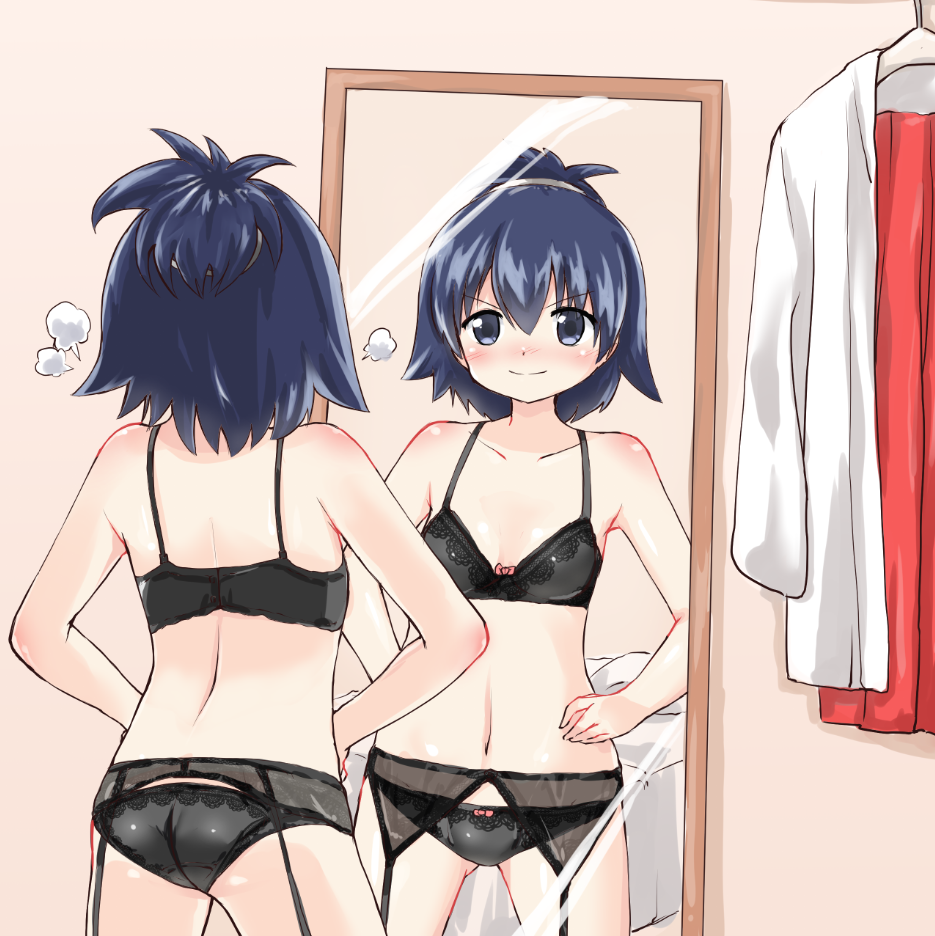 1girl ass bed black_bra black_panties blue_eyes blue_hair bra breasts breath closed_mouth clothes_removed crotch_seam debutya_aki garter_belt hair_up hakama_skirt hands_on_hips indoors iwato_akise lingerie looking_at_viewer mirror panties red_skirt reflection saki shirt short_hair skirt small_breasts smile solo standing underwear underwear_only v-shaped_eyebrows white_shirt