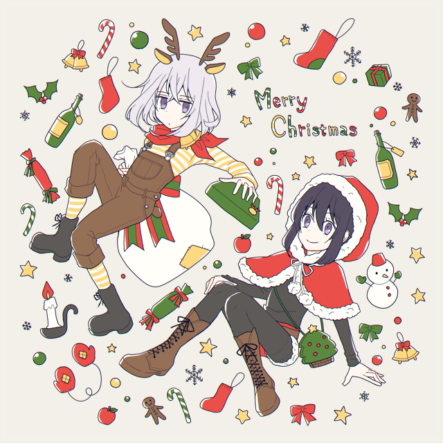 2boys animal_ears antlers bell black_hair boots bow candle capelet christmas christmas_stocking cross-laced_footwear gift holly honebami_toushirou hood l_a_n_a lace-up_boots male_focus merry_christmas multiple_boys namazuo_toushirou overalls reindeer_antlers reindeer_ears reindeer_tail sack smile snowflakes snowman star tail touken_ranbu violet_eyes white_hair