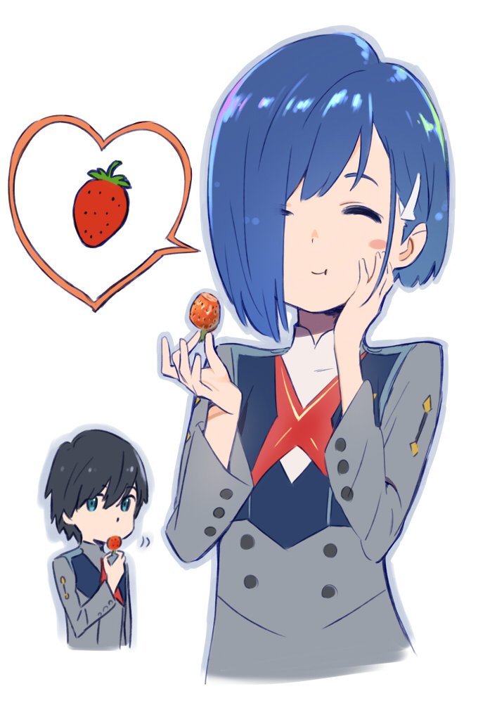 1boy 1girl bangs black_hair blue_hair blush closed_eyes couple darling_in_the_franxx eating eyebrows_visible_through_hair food fruit green_eyes hair_over_one_eye hand_on_own_face heart hiro_(darling_in_the_franxx) holding holding_food holding_fruit ichigo_(darling_in_the_franxx) looking_at_viewer military military_uniform necktie red_neckwear short_hair simple_background strawberry tanaka_masayoshi uniform white_background