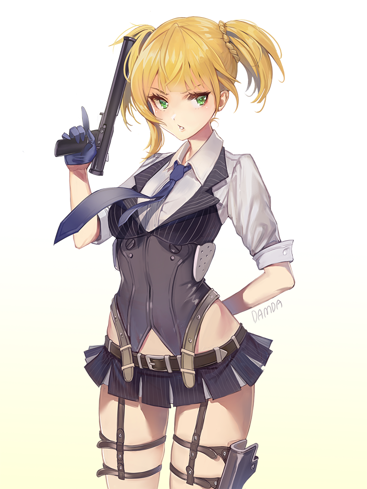 1girl bangs blonde_hair blue_gloves blue_neckwear braid damda girls_frontline gloves green_eyes gun holding holding_gun holding_weapon holster looking_at_viewer shirt short_hair skirt solo thigh_holster thigh_strap twintails weapon welrod_mk2_(girls_frontline)